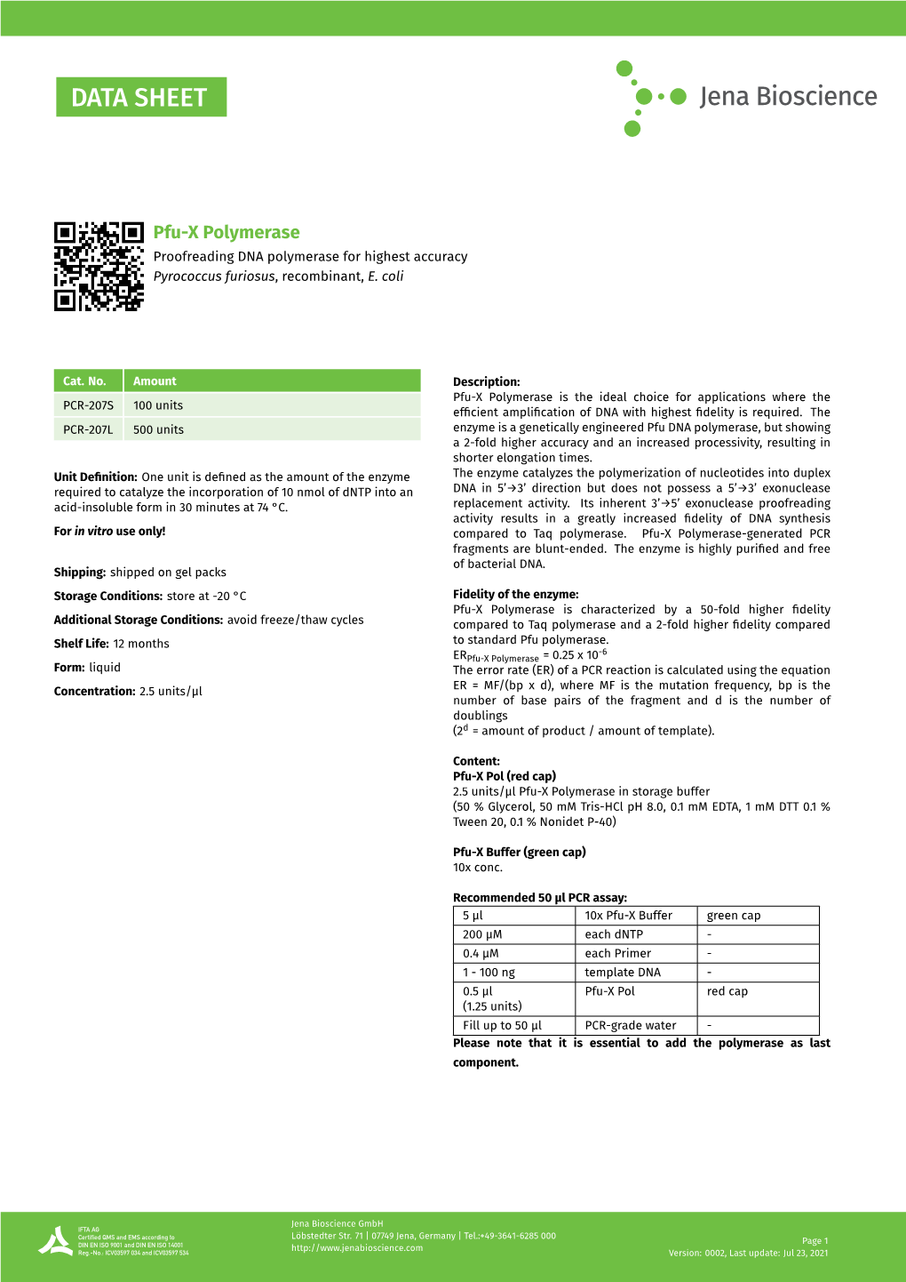 Pfu-X Polymerase Proofreading DNA Polymerase for Highest Accuracy Pyrococcus Furiosus, Recombinant, E