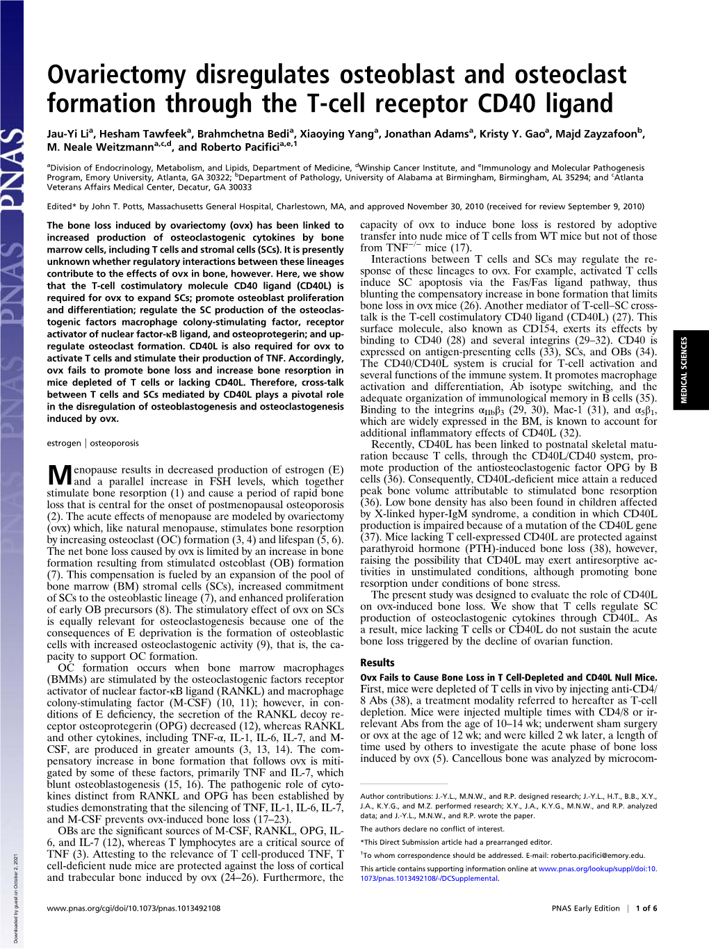 Ovariectomy Disregulates Osteoblast and Osteoclast Formation Through the T-Cell Receptor CD40 Ligand