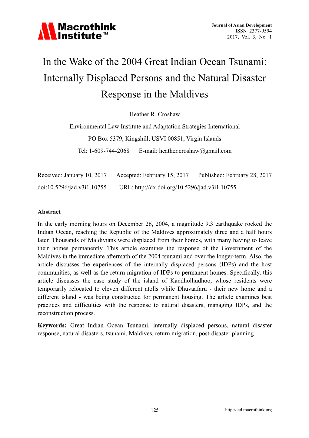 In the Wake of the 2004 Great Indian Ocean Tsunami: Internally Displaced Persons and the Natural Disaster Response in the Maldives