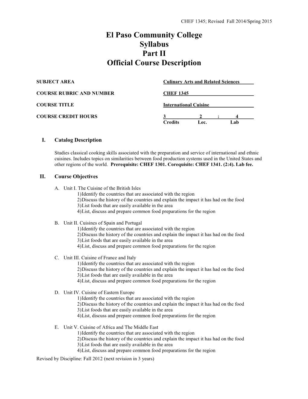 El Paso Community College Syllabus Part II Official Course Description