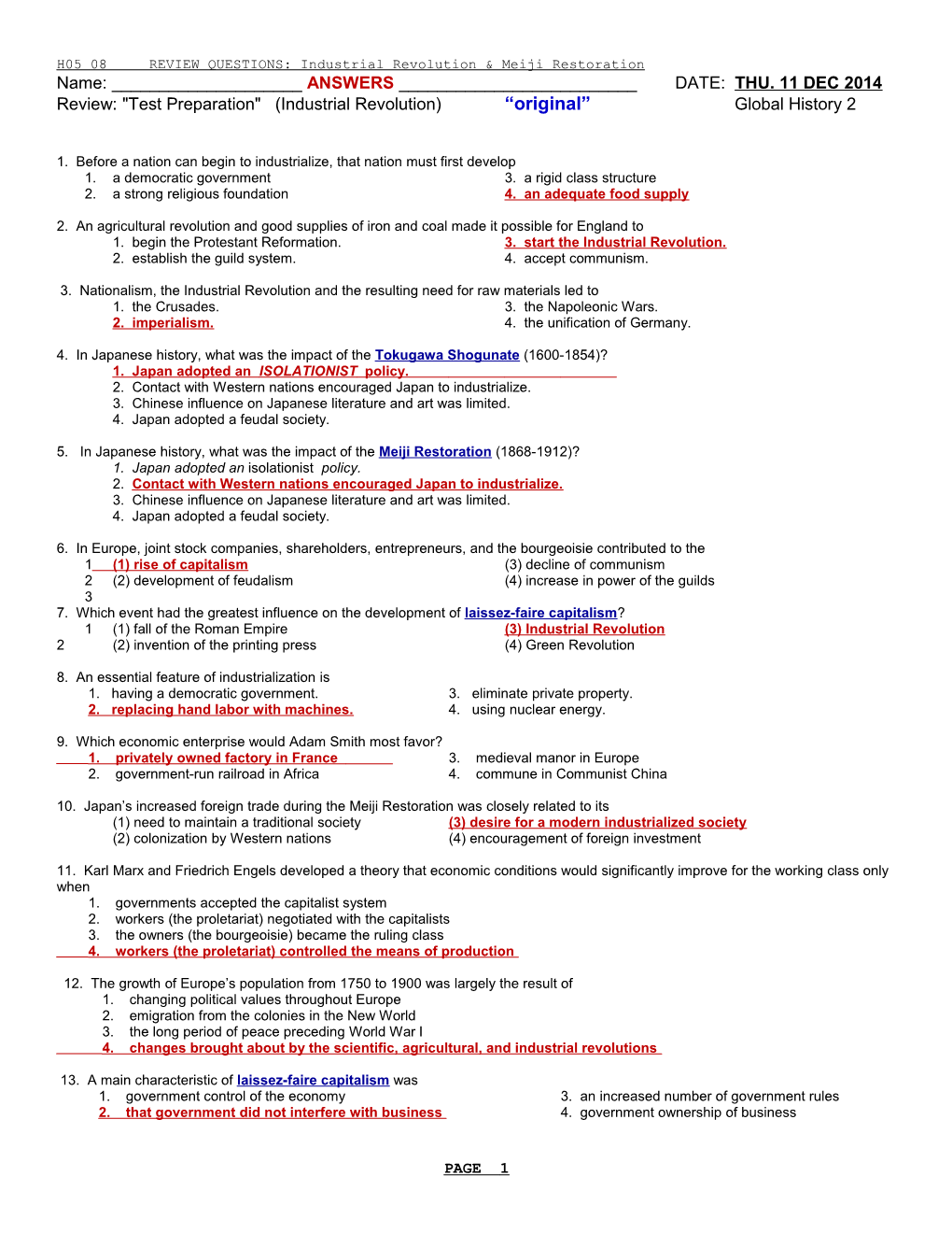 H05 08 REVIEW QUESTIONS: Industrial Revolution & Meiji Restoration