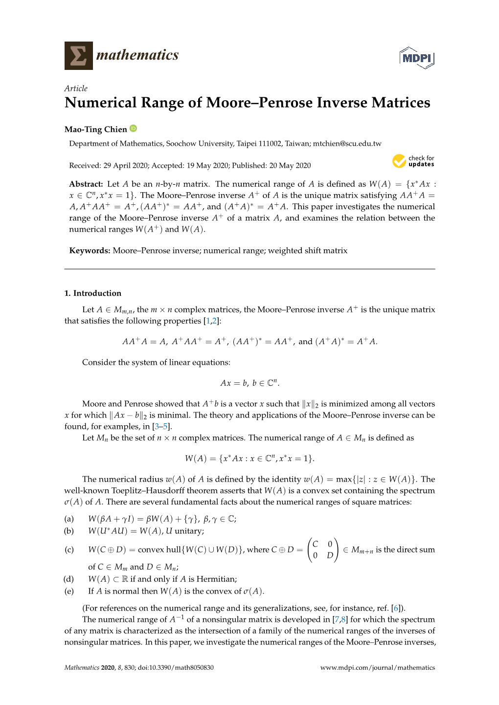 Numerical Range of Moore–Penrose Inverse Matrices