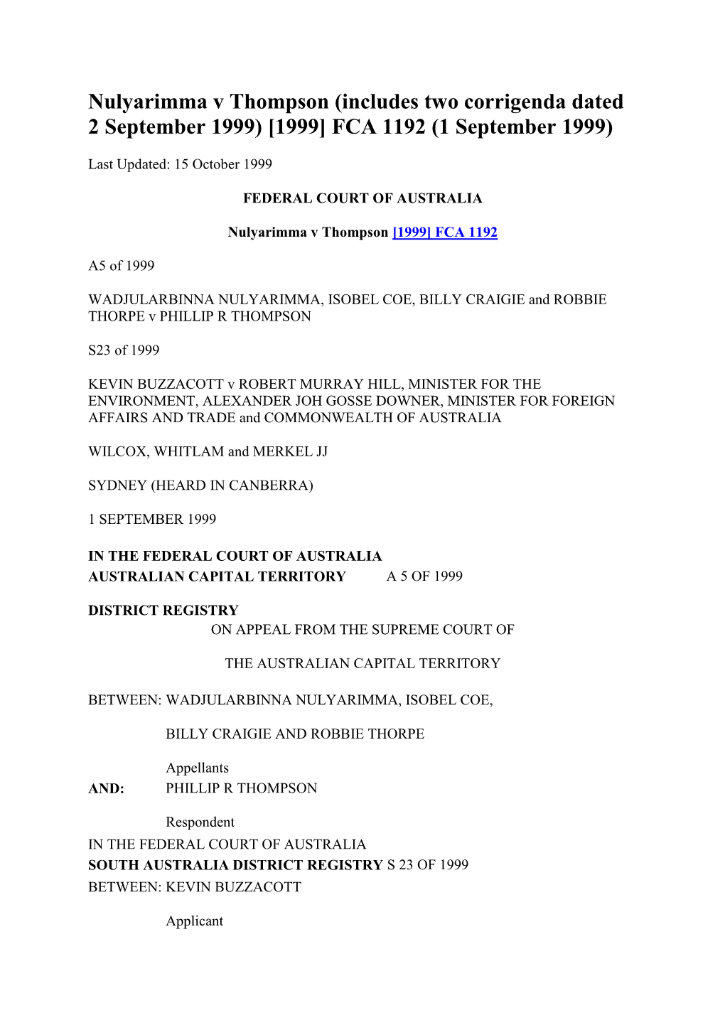 Nulyarimma V Thompson (Includes Two Corrigenda Dated 2 September 1999) [1999] FCA 1192 (1 September 1999)