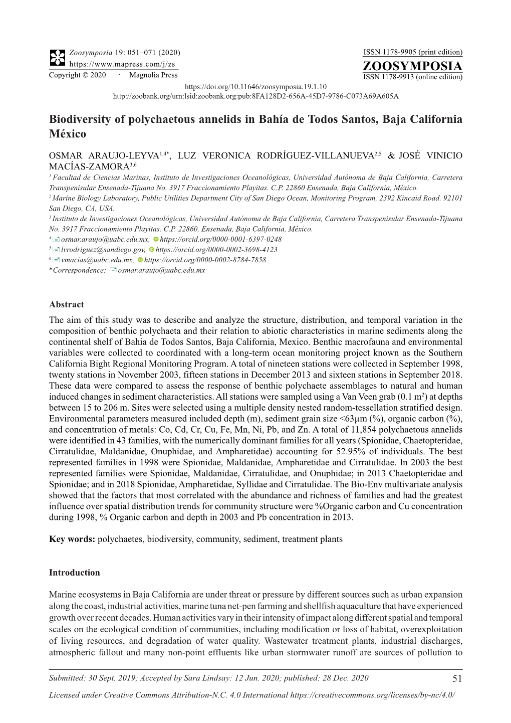 Biodiversity of Polychaetous Annelids in Bahía De Todos Santos, Baja California México