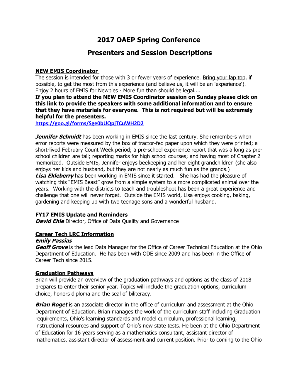 Presenters and Session Descriptions