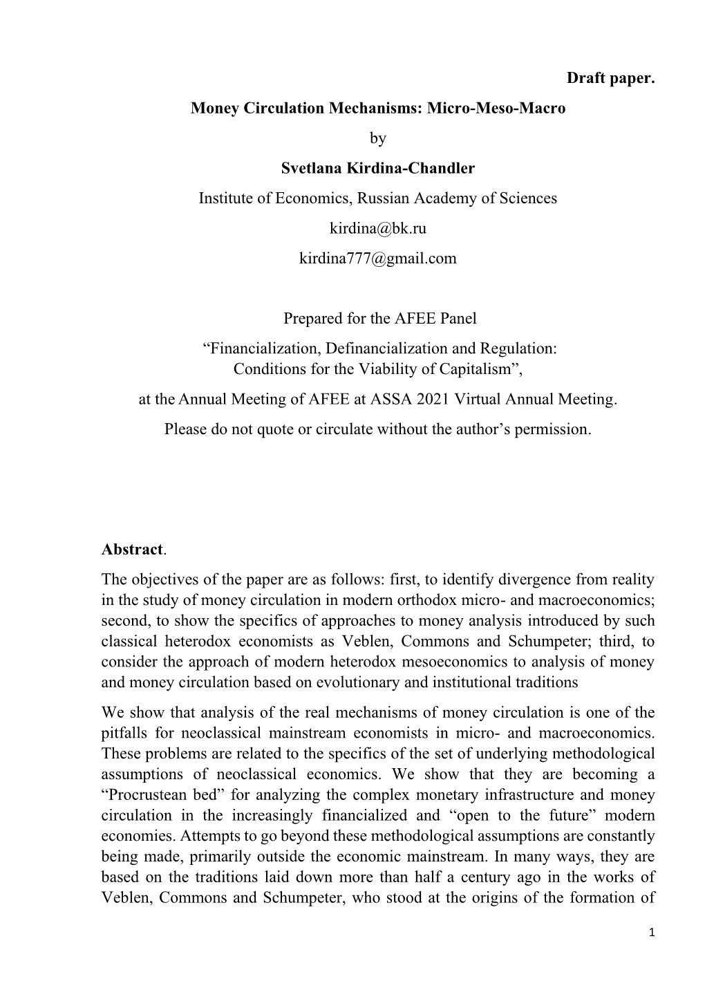 Draft Paper. Money Circulation Mechanisms