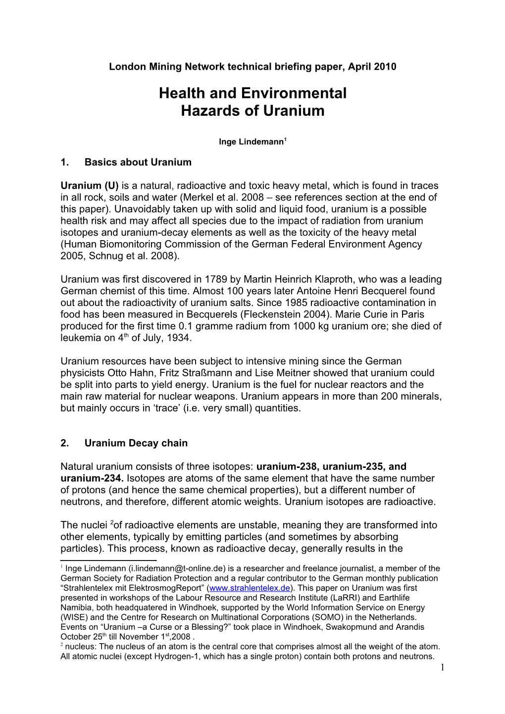 Health and Environmental Hazards of Uranium