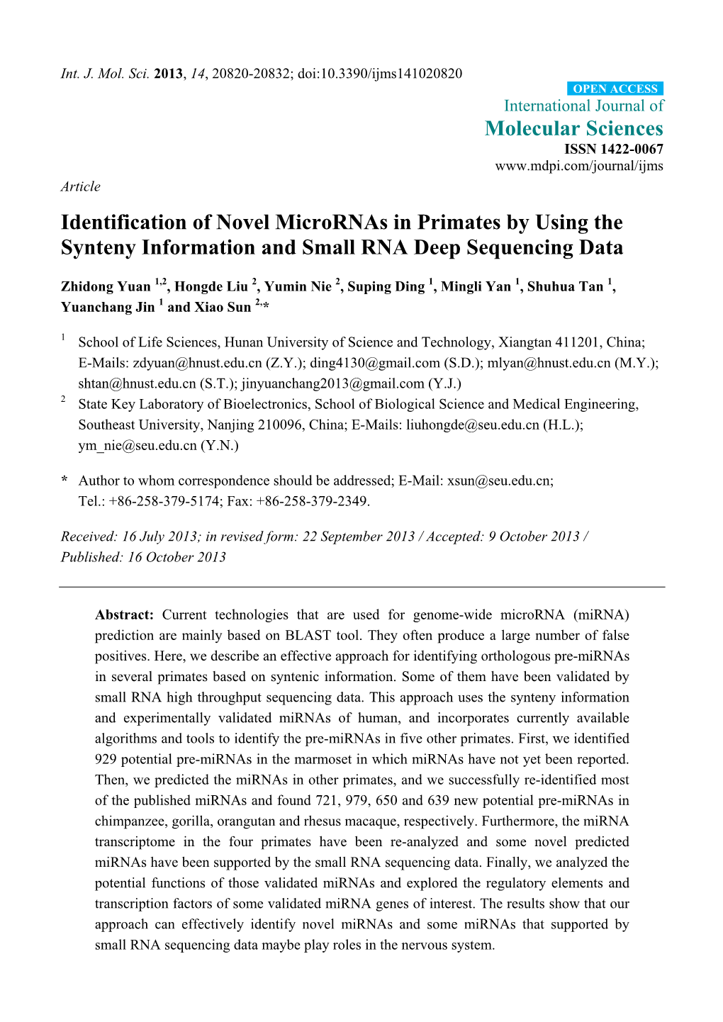 Identification of Novel Micrornas in Primates by Using the Synteny Information and Small RNA Deep Sequencing Data