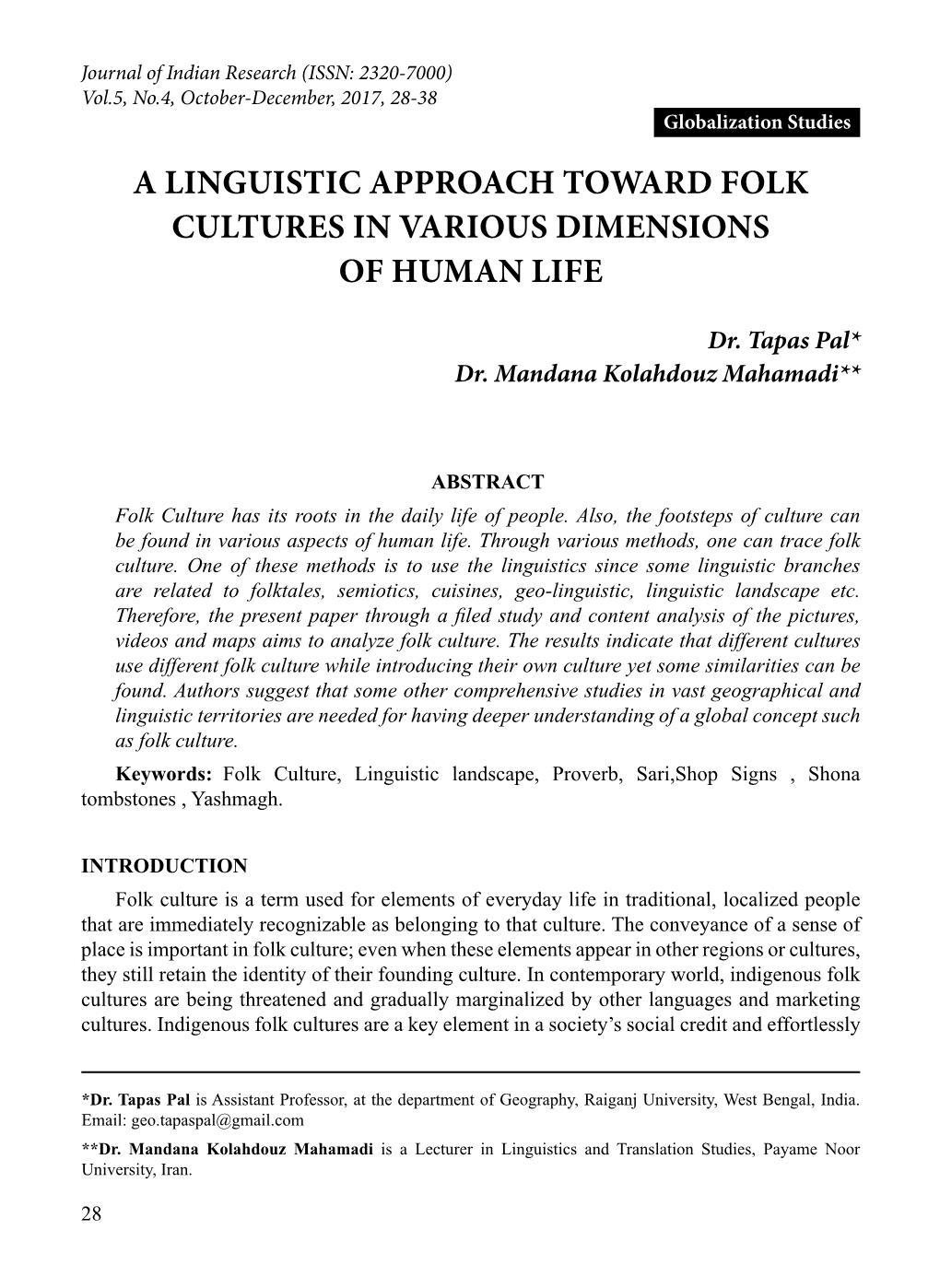 A Linguistic Approach Toward Folk Cultures in Various Dimensions of Human Life