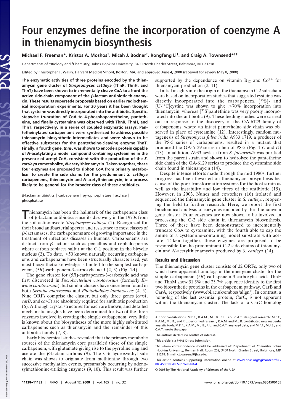 Four Enzymes Define the Incorporation of Coenzyme a in Thienamycin Biosynthesis