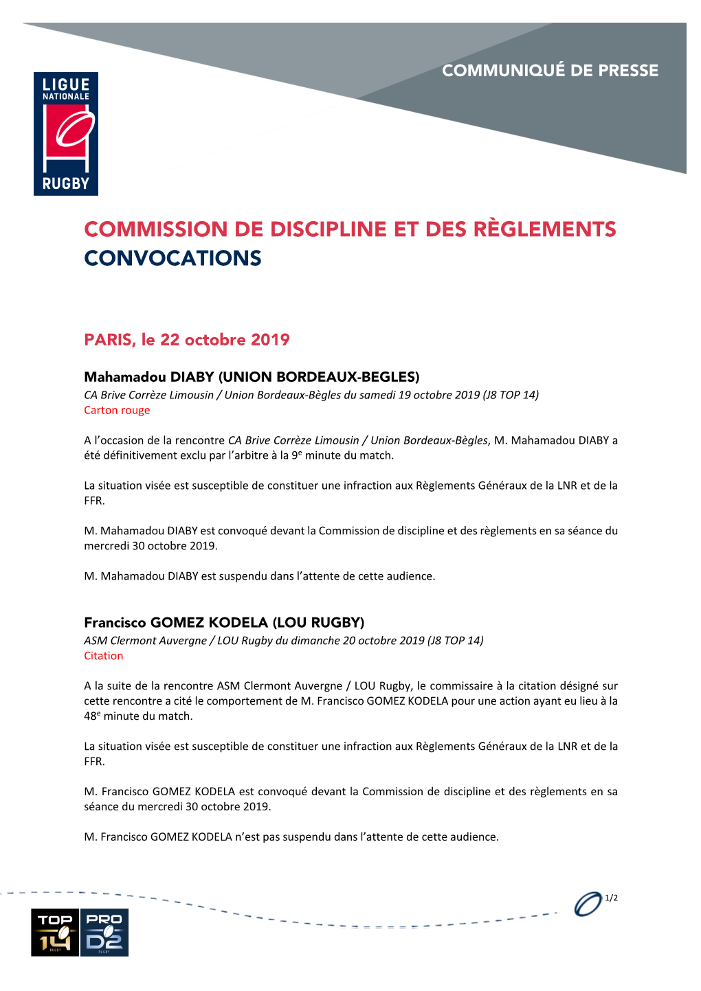 Commission De Discipline Et Des Règlements Convocations