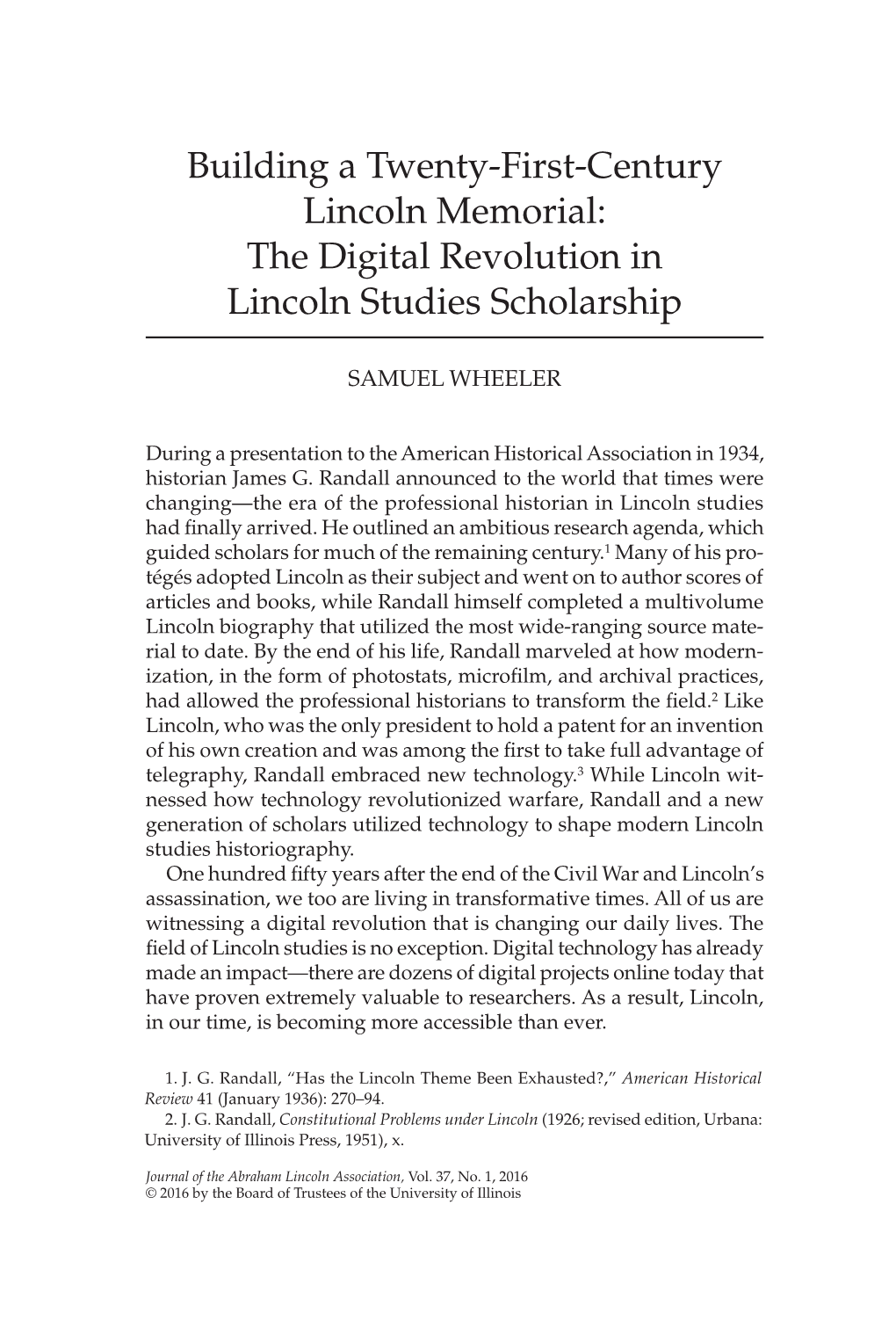 Century Lincoln Memorial: the Digital Revolution in Lincoln Studies Scholarship