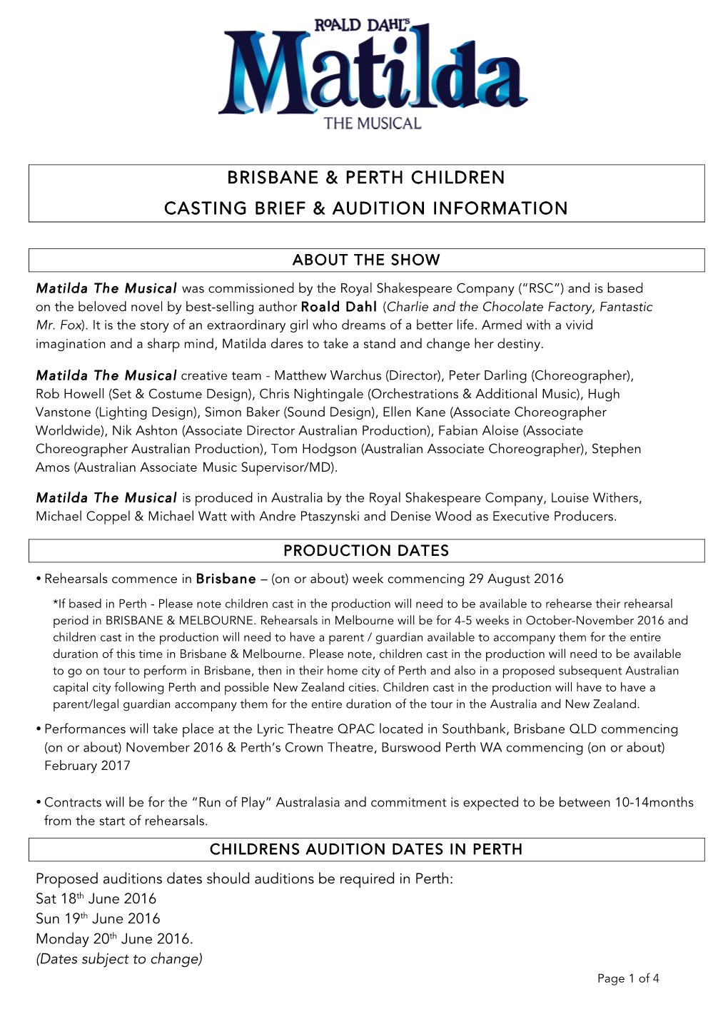 Perth Children Casting Brief & Audition Information