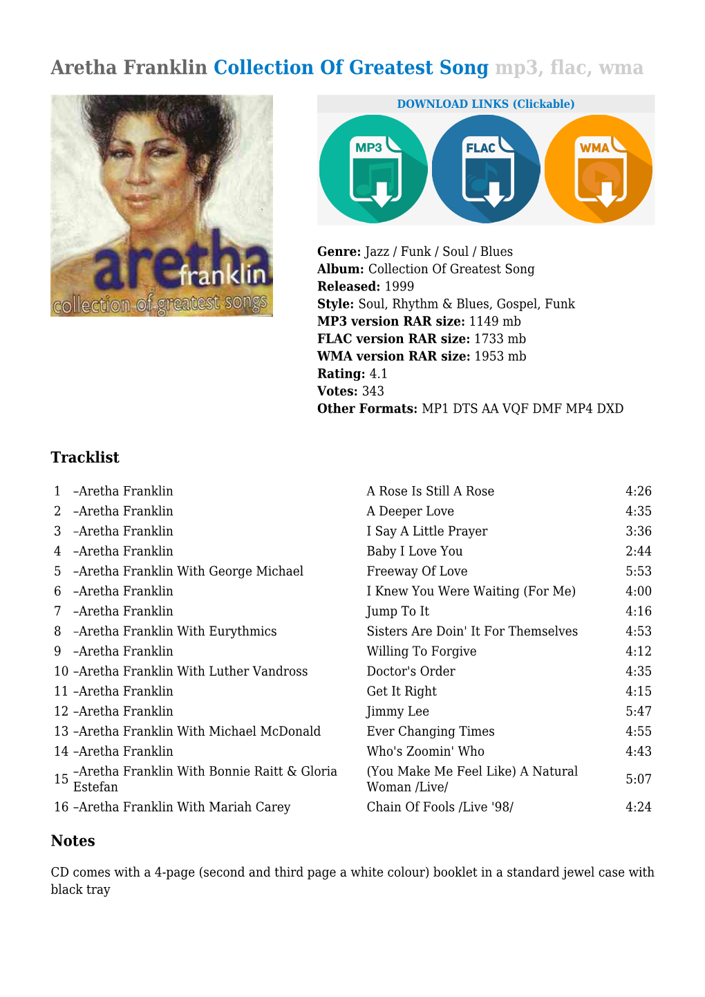 Aretha Franklin Collection of Greatest Song Mp3, Flac, Wma