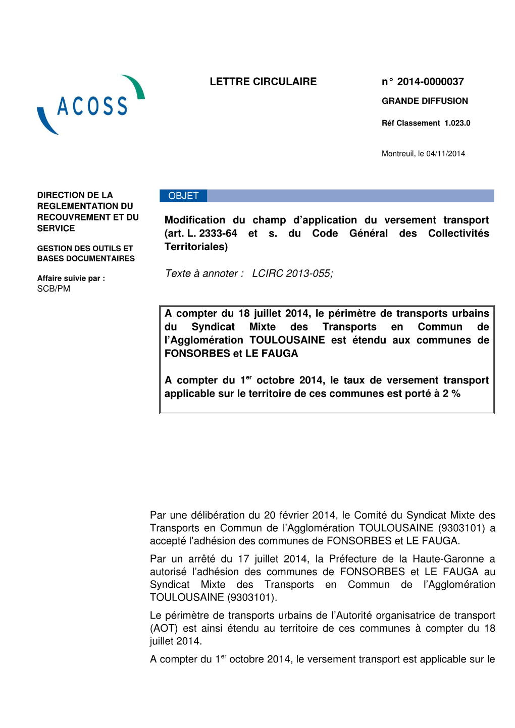 LETTRE CIRCULAIRE N° 20140000037 Modification Du Champ D'application Du Versement Transport