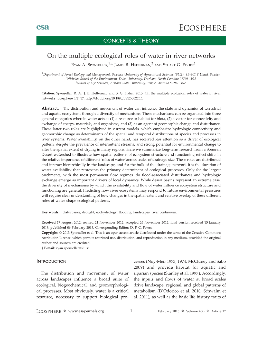 On the Multiple Ecological Roles of Water in River Networks 1, 2 3 RYAN A