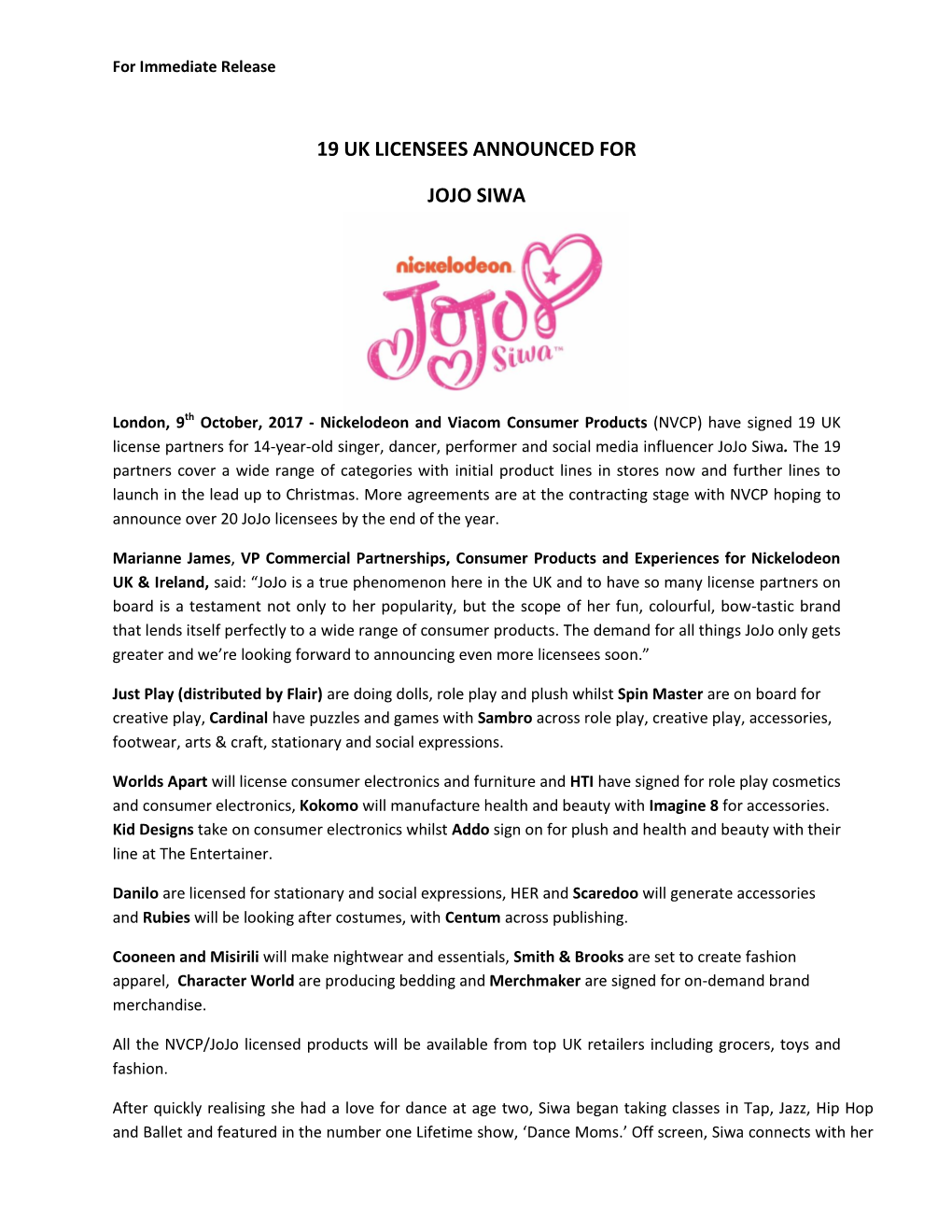 19 Uk Licensees Announced for Jojo Siwa