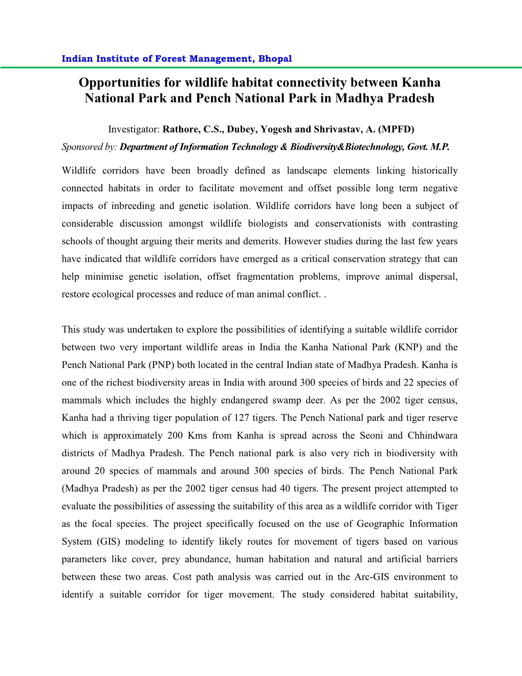 Opportunities for Wildlife Habitat Connectivity Between Kanha National Park and Pench National Park in Madhya Pradesh