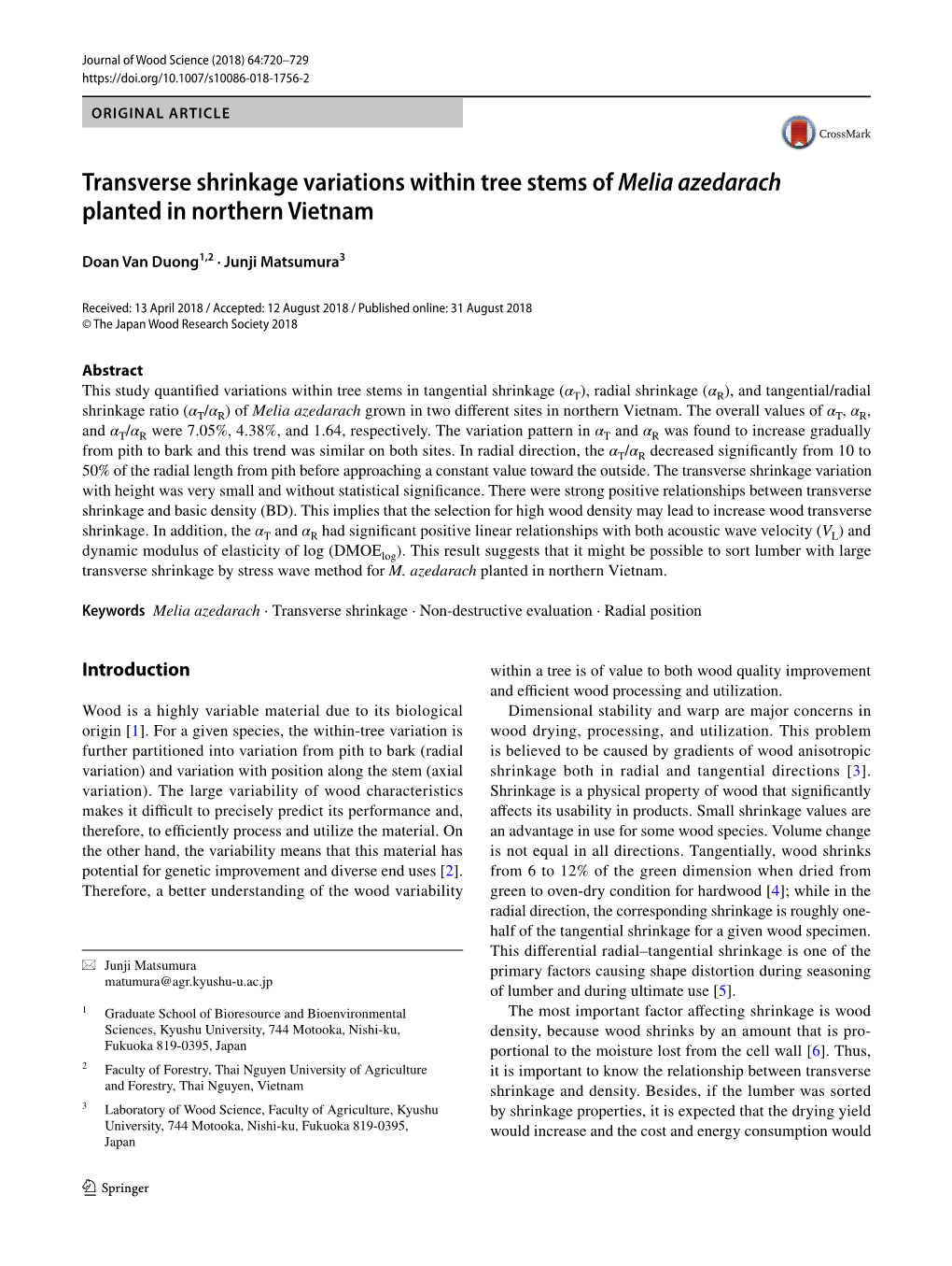 Transverse Shrinkage Variations Within Tree Stems of Melia Azedarach Planted in Northern Vietnam