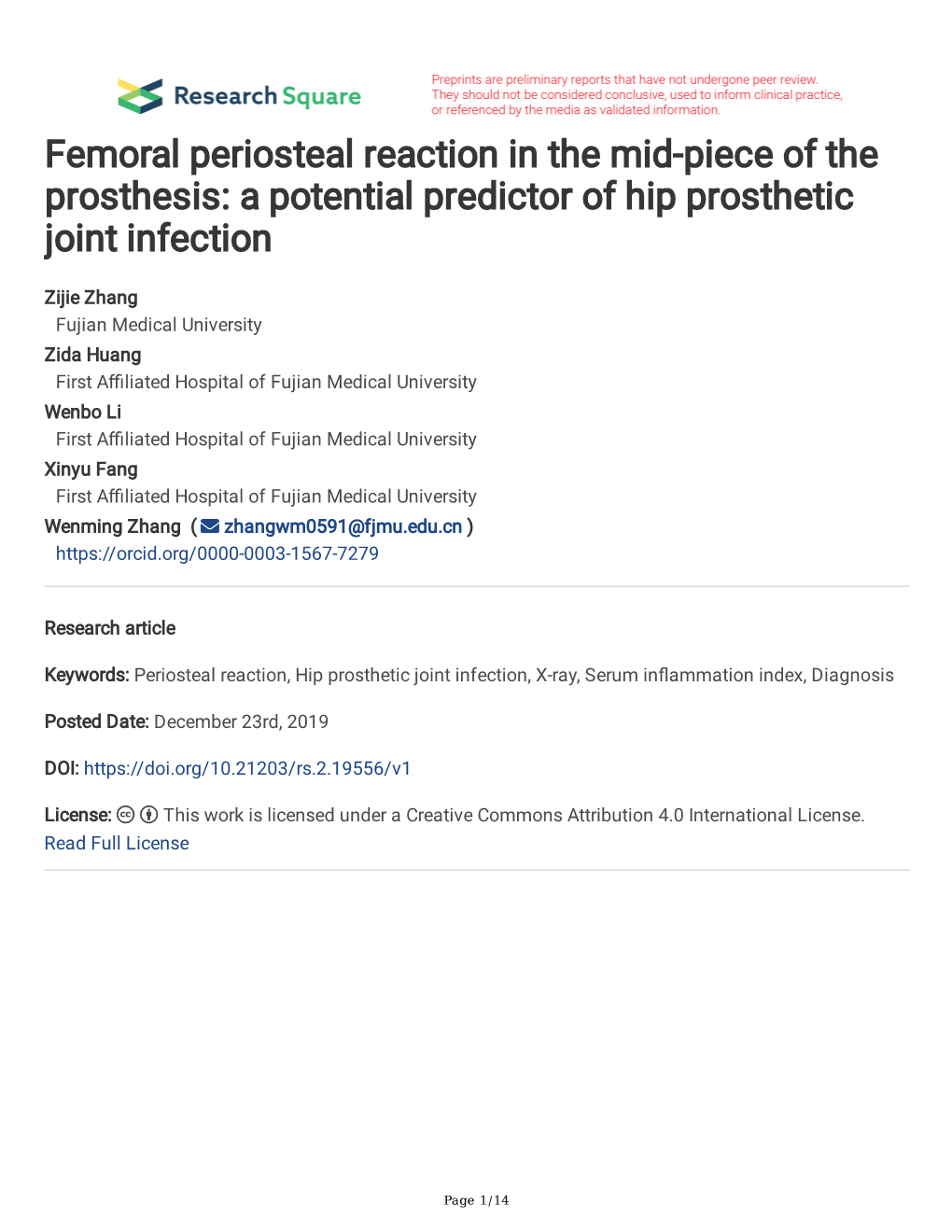 Femoral Periosteal Reaction in the Mid-Piece of the Prosthesis: a Potential Predictor of Hip Prosthetic Joint Infection