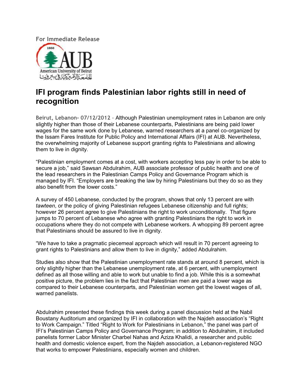 IFI Program Finds Palestinian Labor Rights Still in Need of Recognition