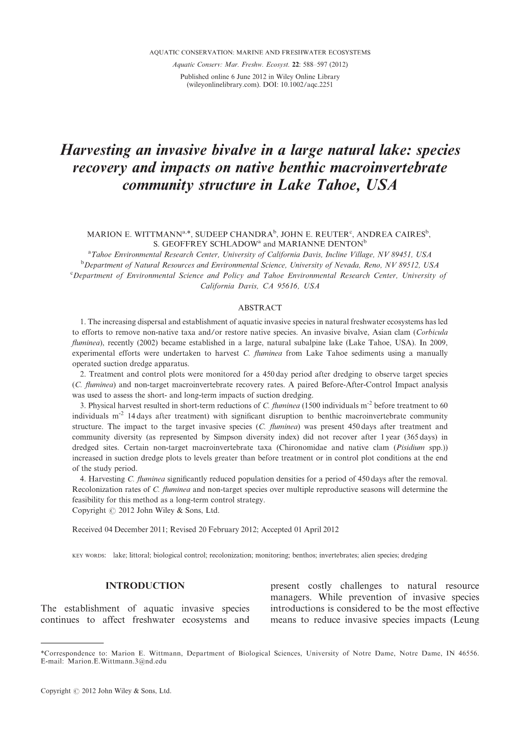 Harvesting an Invasive Bivalve in a Large Natural Lake: Species Recovery and Impacts on Native Benthic Macroinvertebrate Community Structure in Lake Tahoe, USA