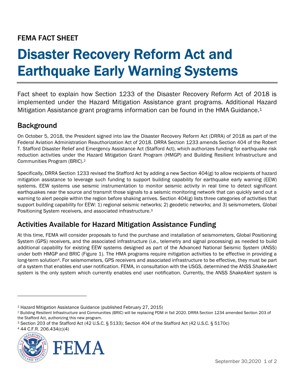Disaster Recovery Reform Act and Earthquake Early Warning Systems