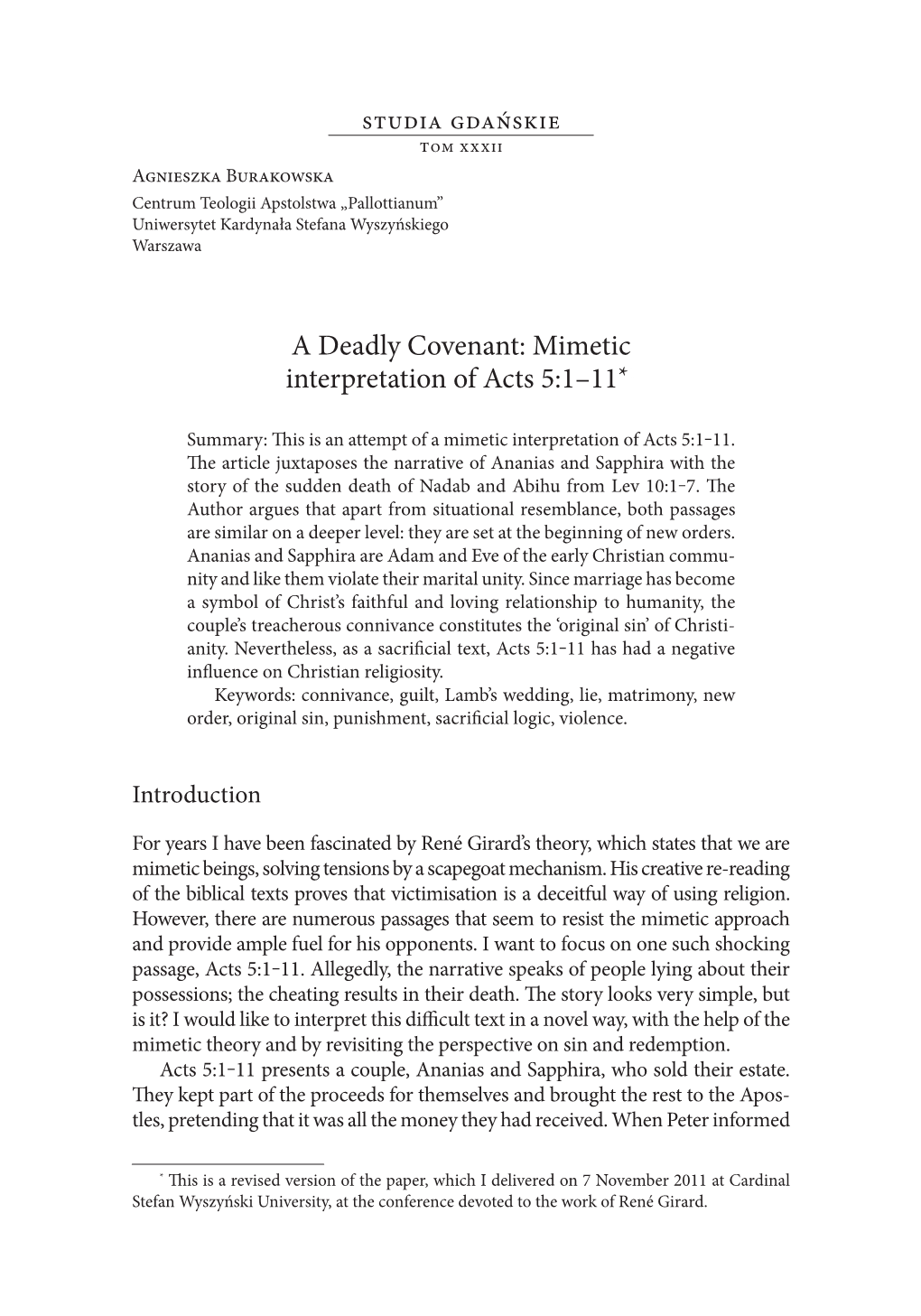 A Deadly Covenant: Mimetic Interpretation of Acts 5:1–11*1