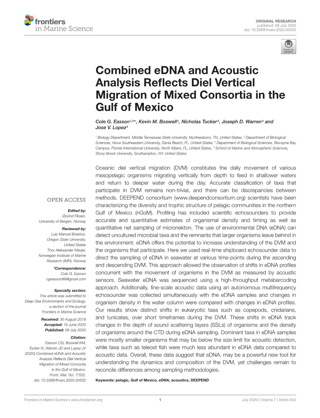 Combined Edna and Acoustic Analysis Reflects Diel Vertical