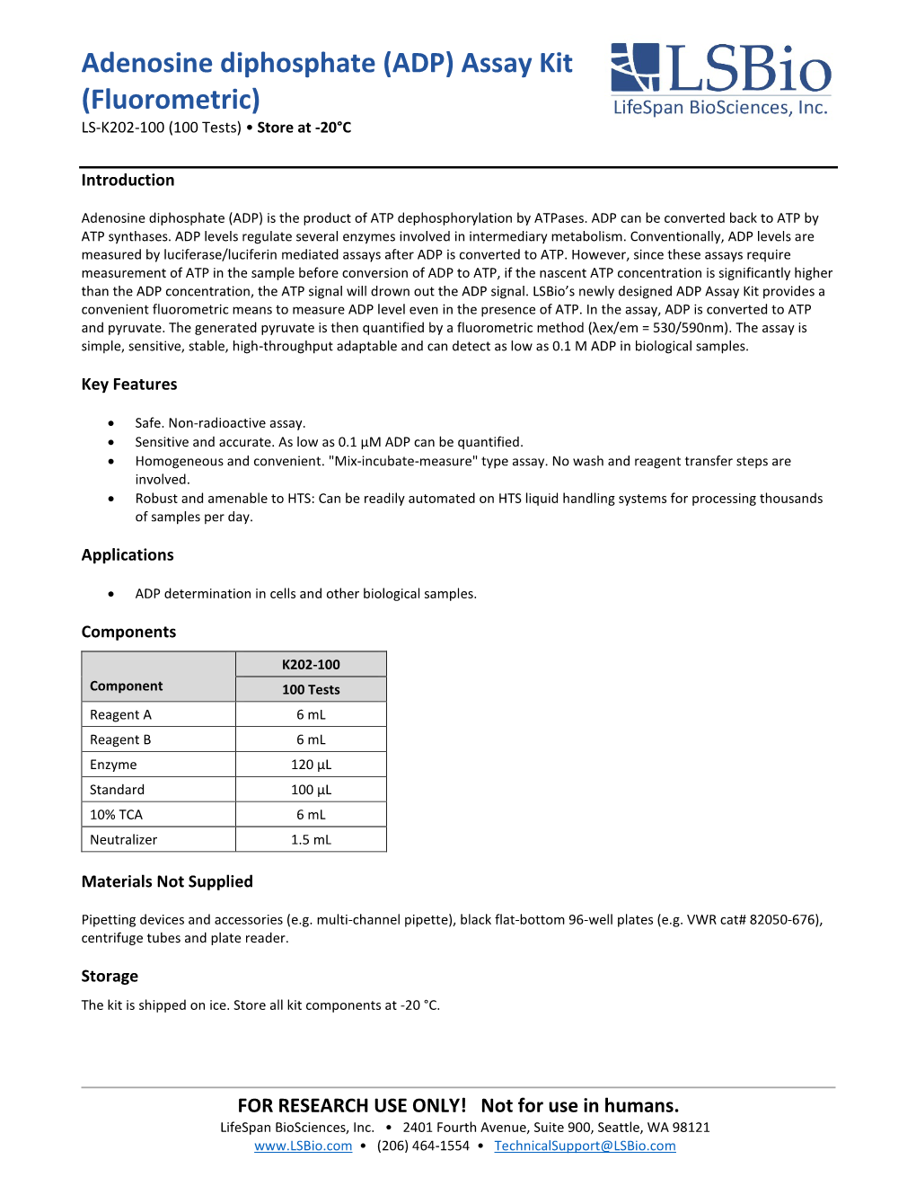 Adenosine Diphosphate (ADP) Assay Kit (Fluorometric) LS-K202-100 (100 Tests) • Store at -20°C