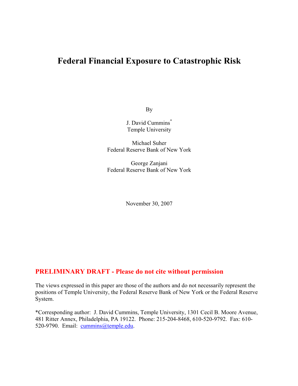 Federal Financial Exposure to Catastrophic Risk