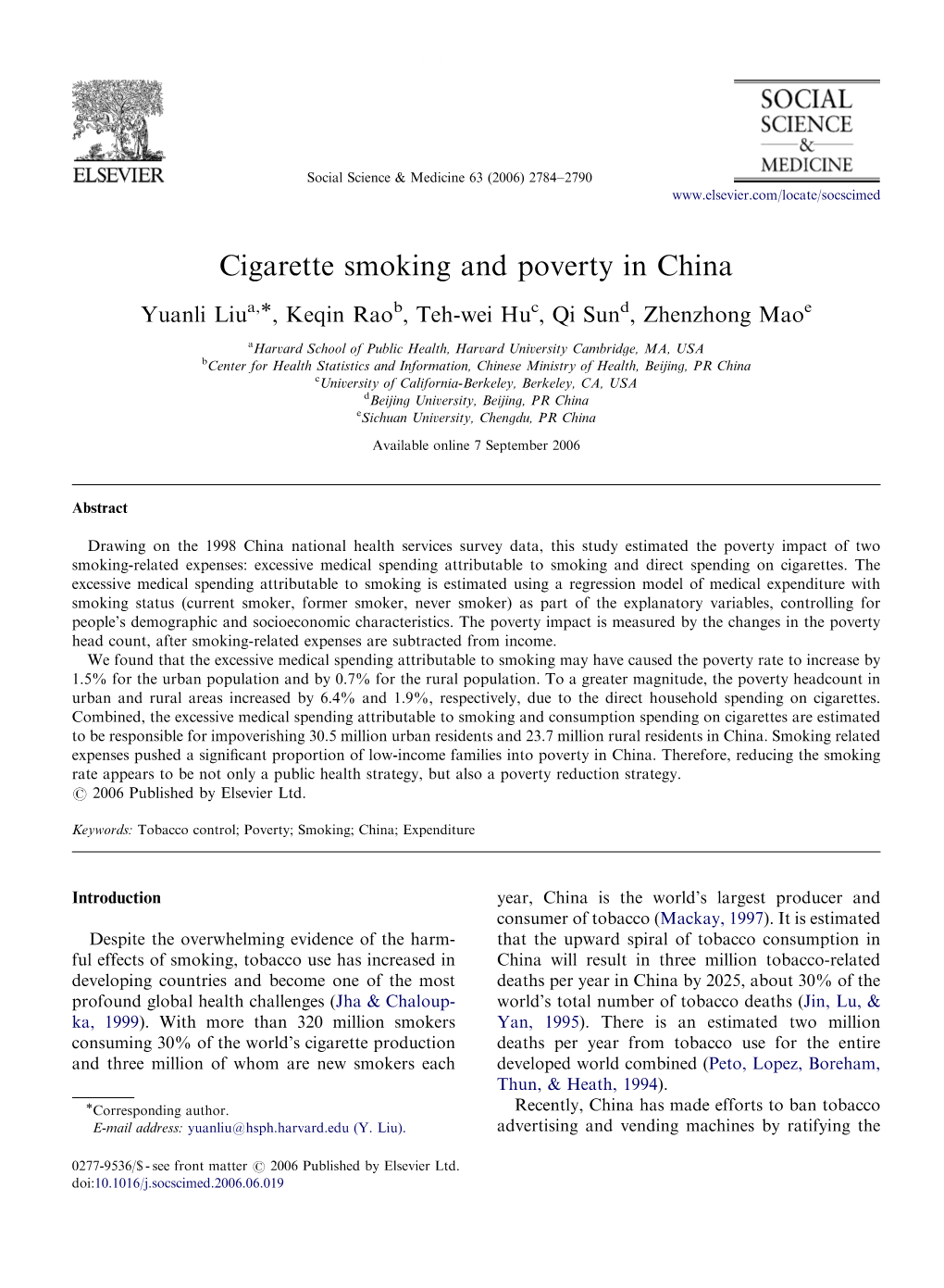 Cigarette Smoking and Poverty in China