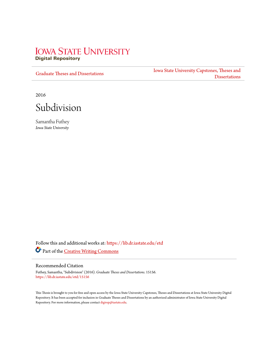 Subdivision Samantha Futhey Iowa State University