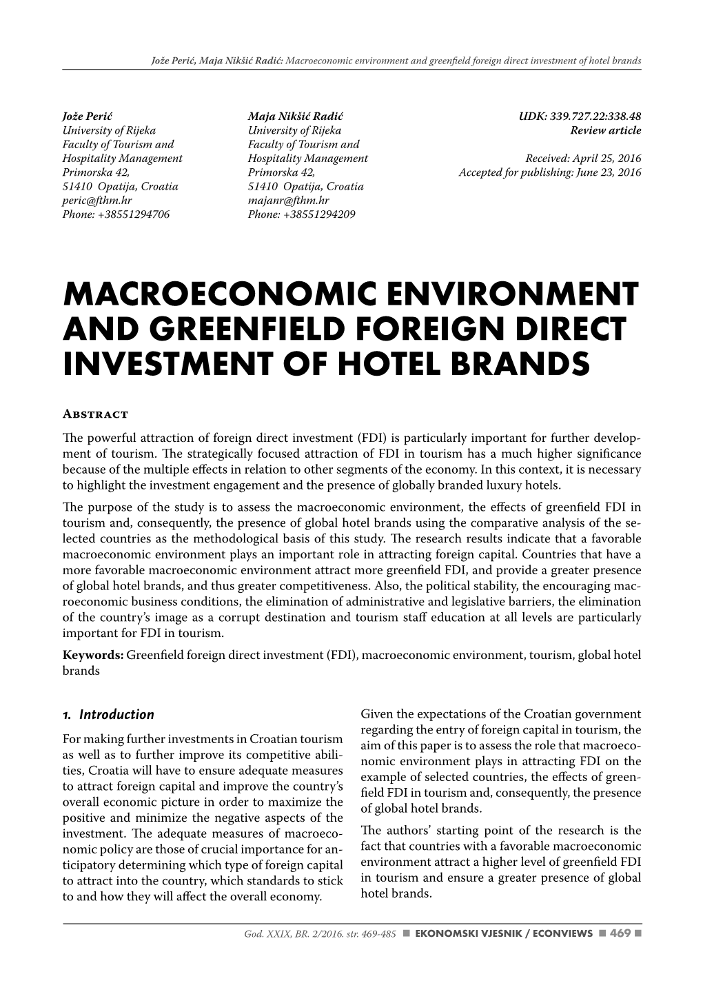 Macroeconomic Environment and Greenfield Foreign Direct Investment of Hotel Brands