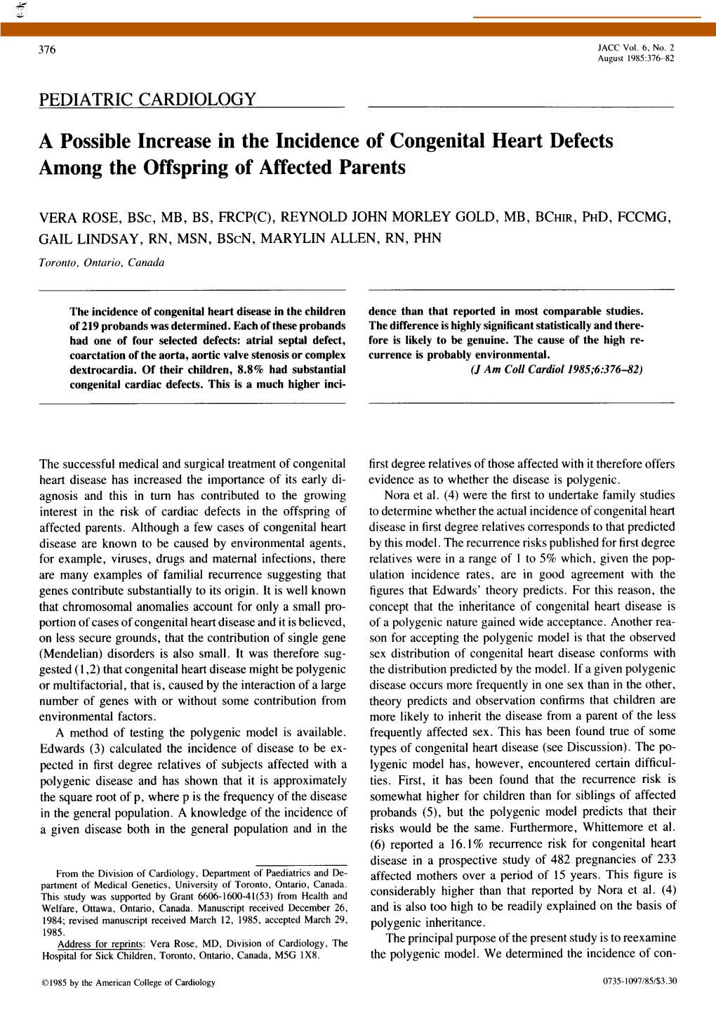 A Possible Increase in the Incidence of Congenital Heart Defects Among the Offspring of Affected Parents