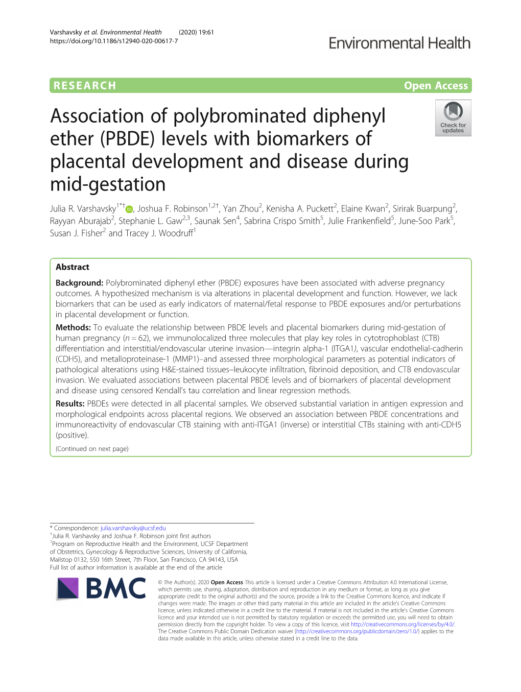 PBDE) Levels with Biomarkers of Placental Development and Disease During Mid-Gestation Julia R