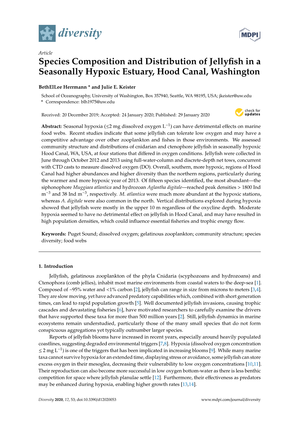 Species Composition and Distribution of Jellyfish in a Seasonally Hypoxic