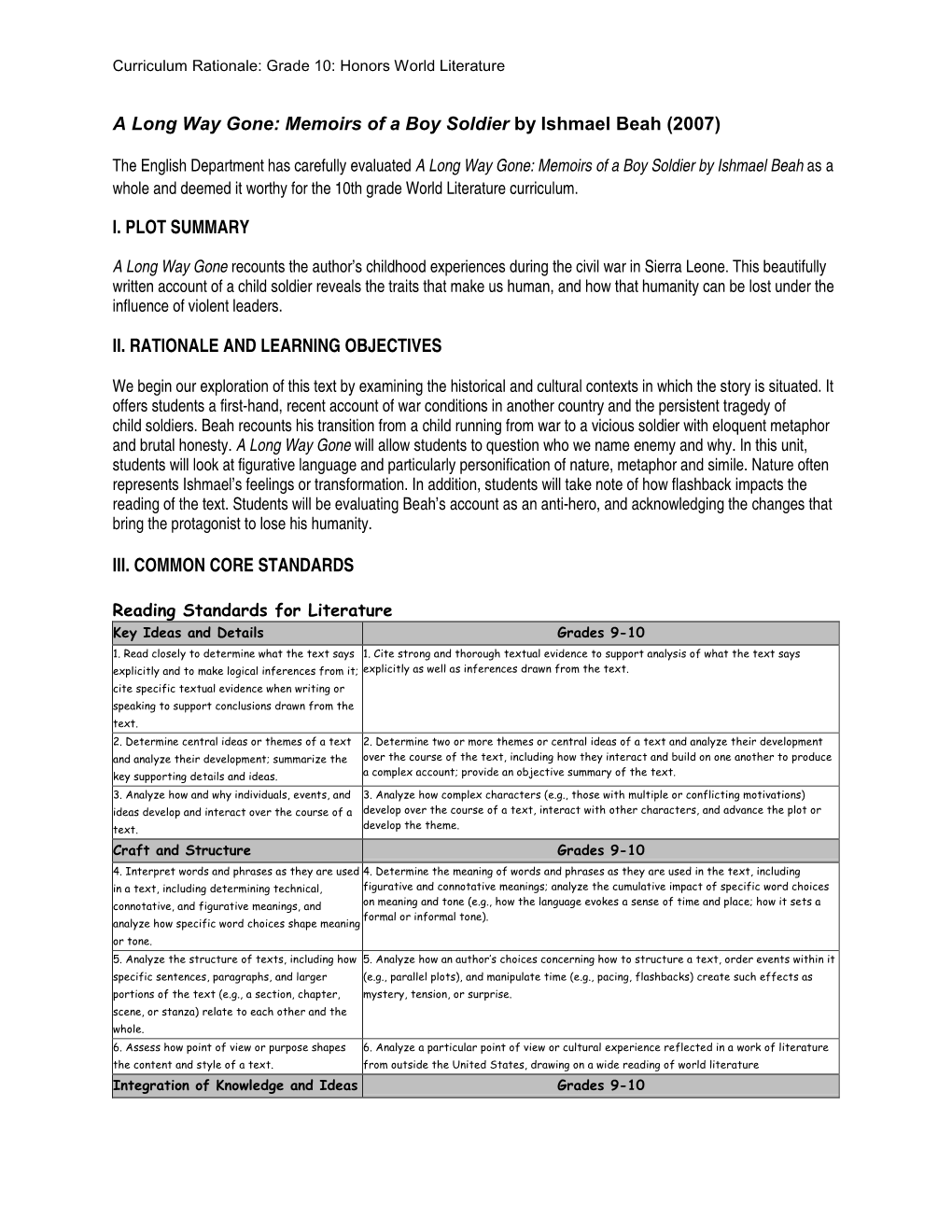 A Long Way Gone: Memoirs of a Boy Soldier by Ishmael Beah (2007) I. PLOT SUMMARY II. RATIONALE and LEARNING OBJECTIVES III. COMM