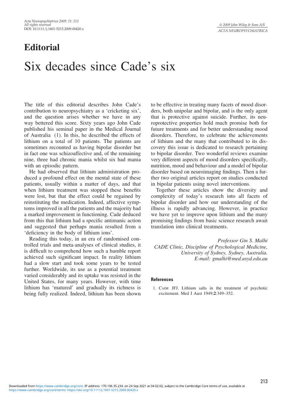 Six Decades Since Cade's