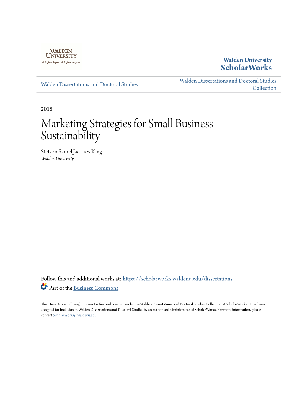 Marketing Strategies for Small Business Sustainability Stetson Samel Jacque's King Walden University