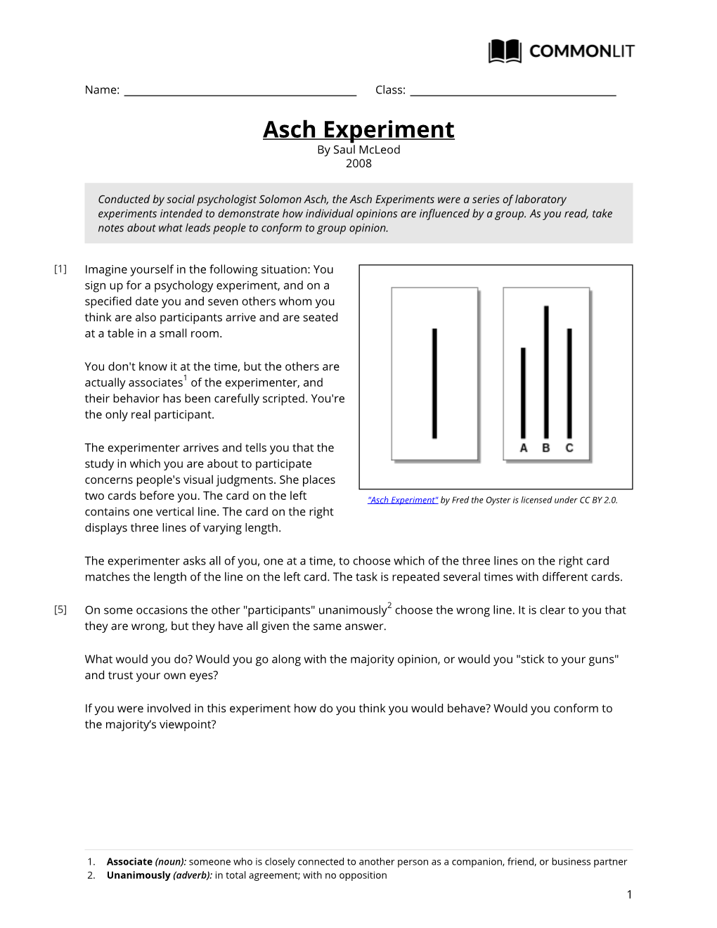 Commonlit | Asch Experiment