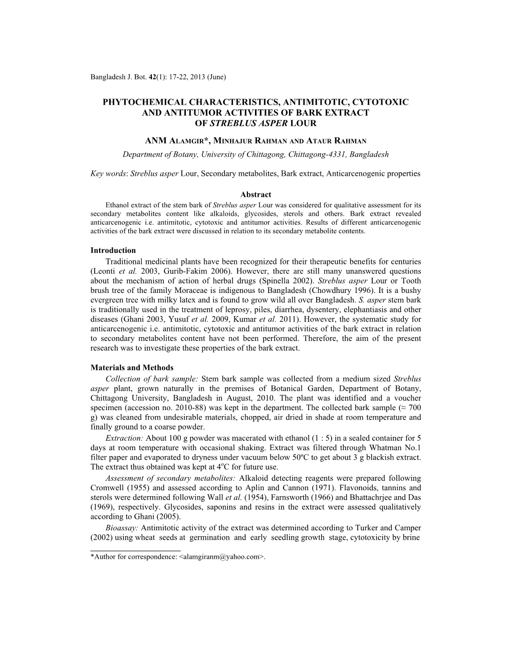 Phytochemical Characteristics, Antimitotic, Cytotoxic and Antitumor Activities of Bark Extract of Streblus Asper Lour