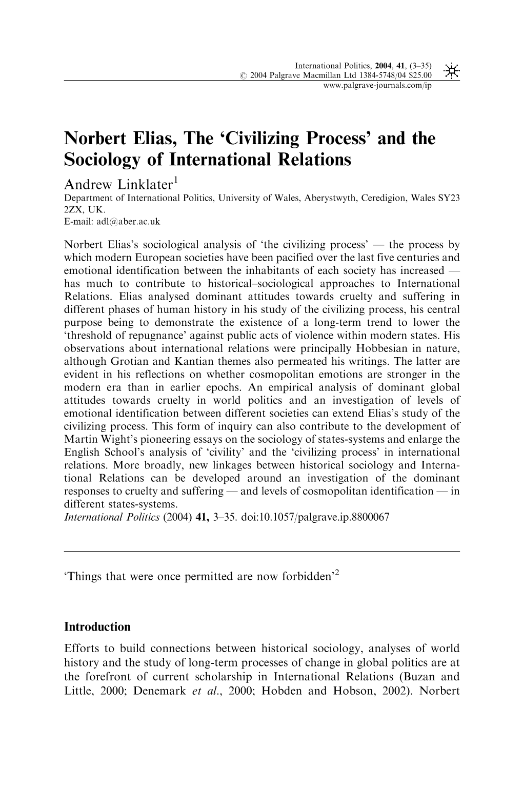 Norbert Elias, the 'Civilizing Process' and the Sociology of International