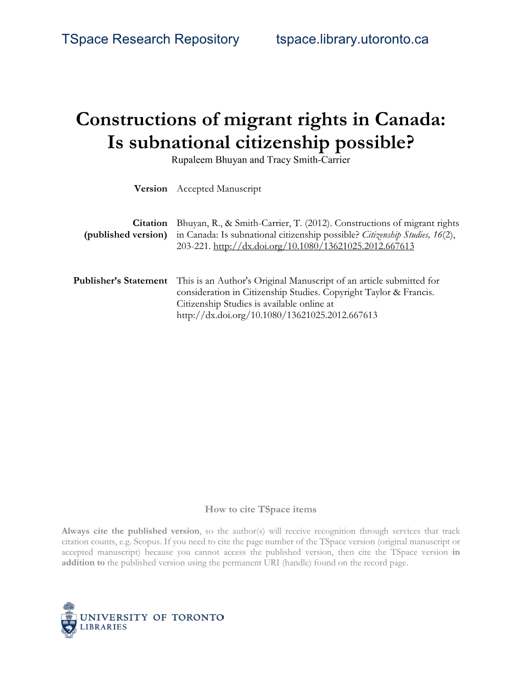 Constructions of Migrants' Rights in Canada: Is Subnational Citizenship