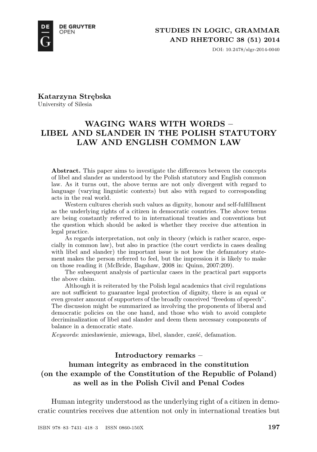 Libel and Slander in the Polish Statutory Law and English Common Law