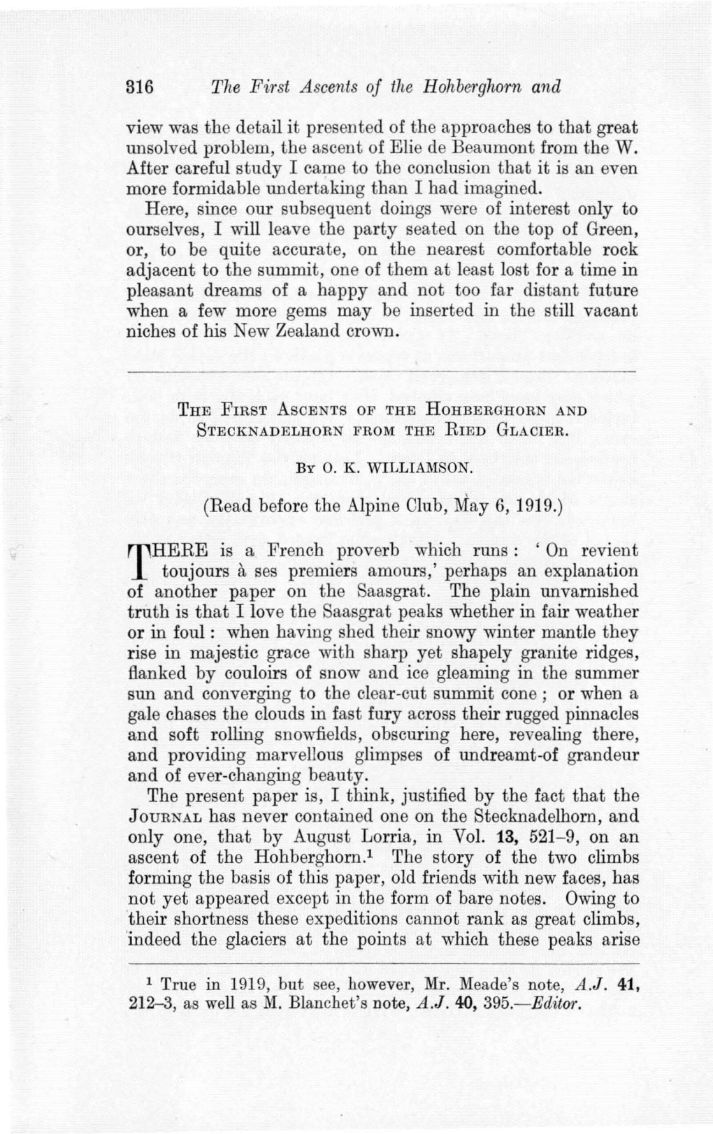 The First Ascents of the Hohberghorn and View Was the Detail It Presented of the Approaches to That Great Unsolved Problem, the Ascent of Elie De Beaumont from the W