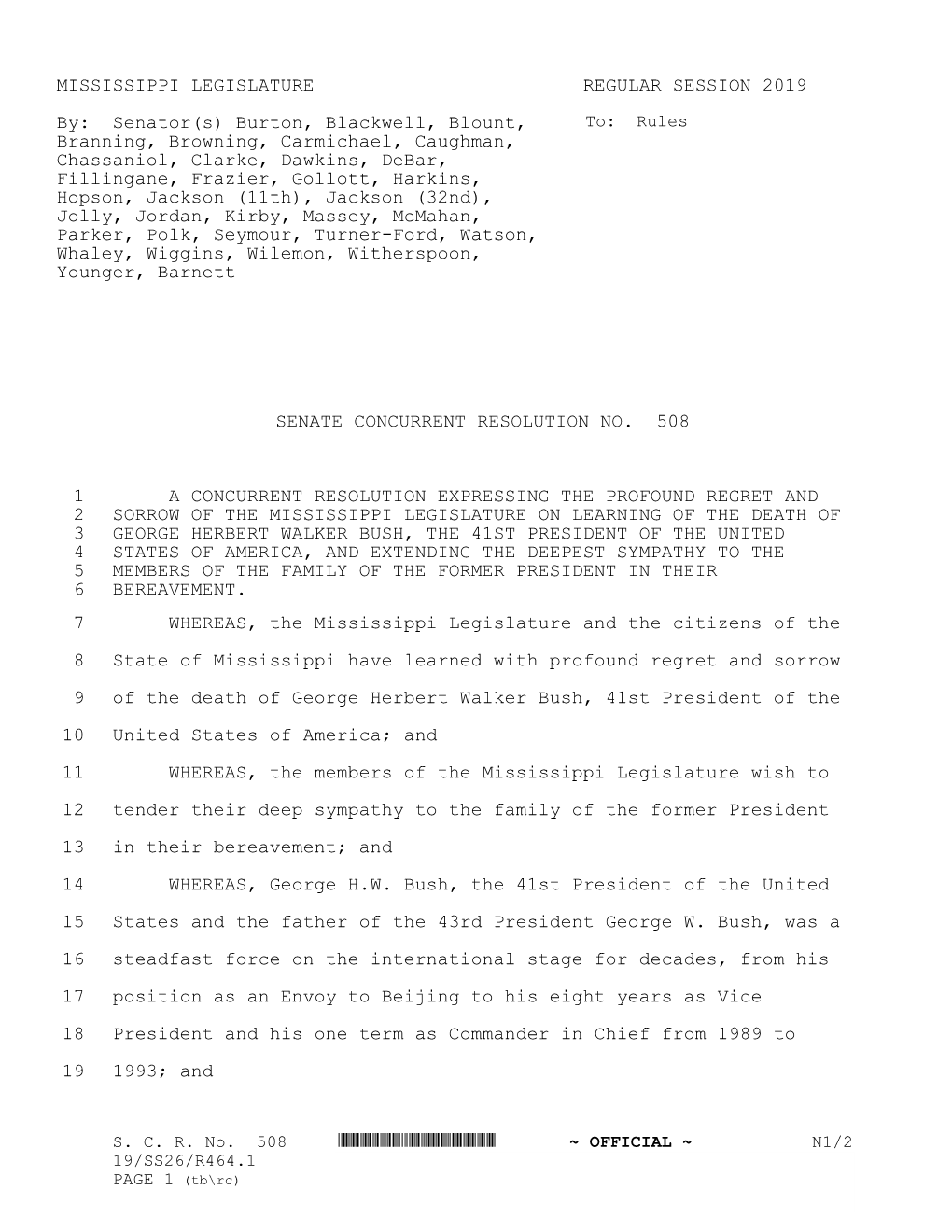 MISSISSIPPI LEGISLATURE REGULAR SESSION 2019 By: Senator(S) Burton, Blackwell, Blount, Branning, Browning, Carmichael, Ca