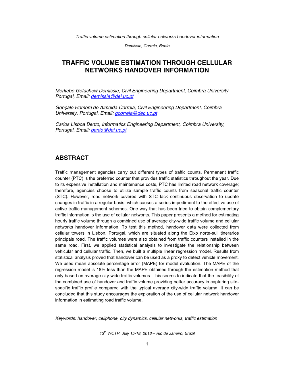 Traffic Volume Estimation Through Cellular Networks Handover Information