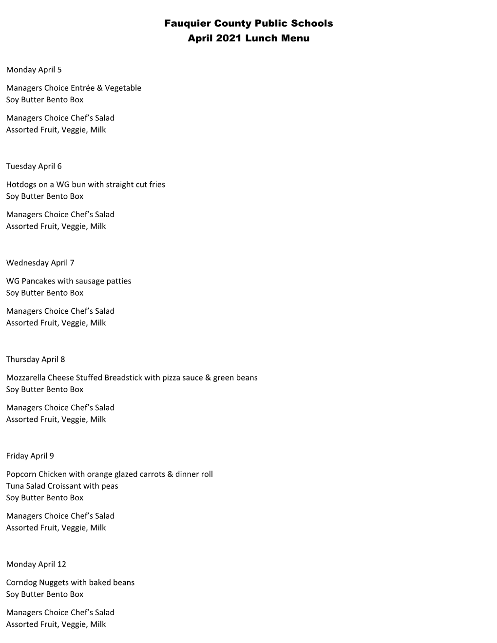 Fauquier County Public Schools April 2021 Lunch Menu