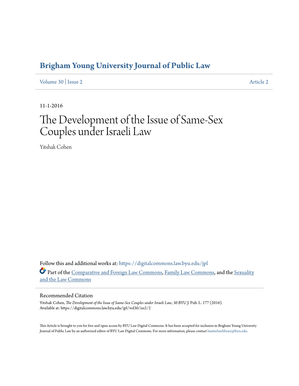 The Development of the Issue of Same-Sex Couples Under Israeli Law, 30 BYU J
